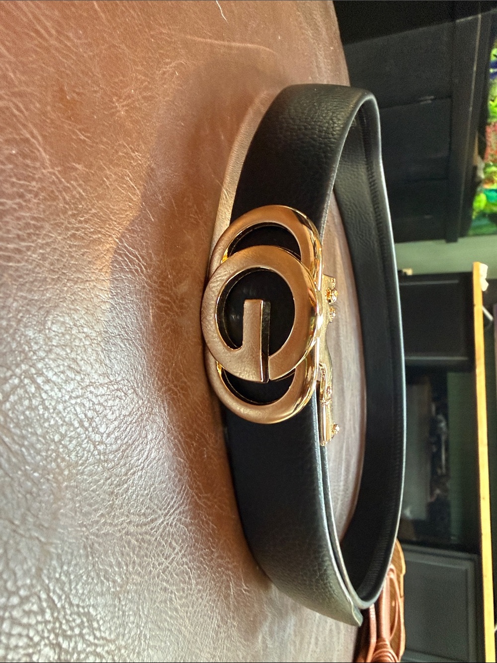 Black Leather Belt with Gold G Buckle
